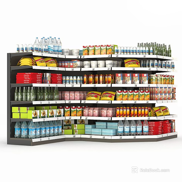 Well Organized Display Shelf Stocked With Bottled Water Beverages And Canned Goods 3d model 