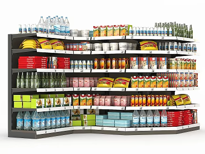 Well Organized Display Shelf Stocked With Bottled Water Beverages And Canned Goods 3d model