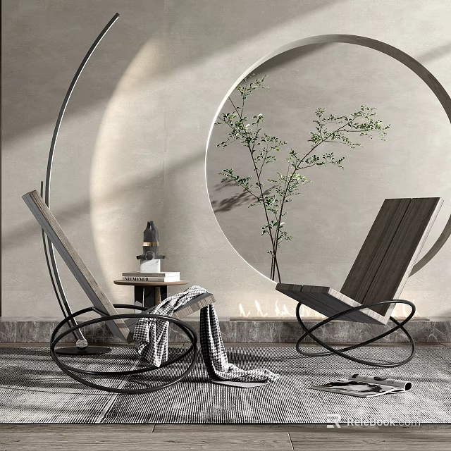 Modern Minimalist Single Chair Interior With Circular Decorative Wall Green Plant And Side Table 3d model 