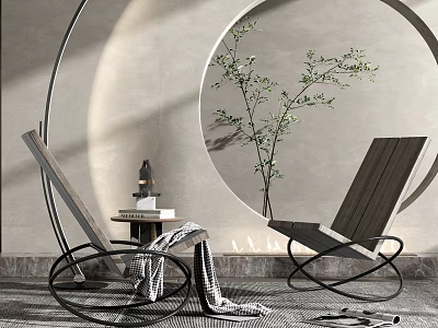 Modern Minimalist Single Chair Interior With Circular Decorative Wall Green Plant And Side Table 3d model