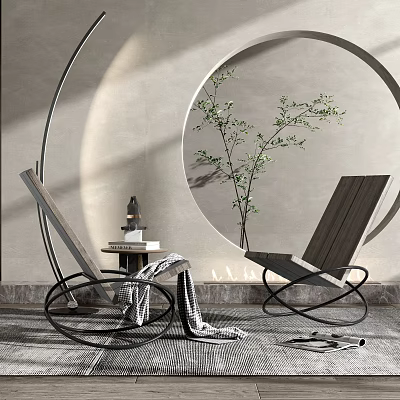 Modern Minimalist Single Chair Interior With Circular Decorative Wall Green Plant And Side Table 3d model