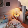 Cozy Hotel Guest Room With Pink Curtains Throw Pillows Wall Art And Table Lamp