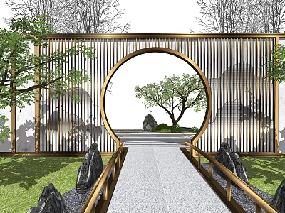 Scenic Wall With Circular Doorway And Lattice Design Surrounded By Trees Rocks And Pathway 3d model