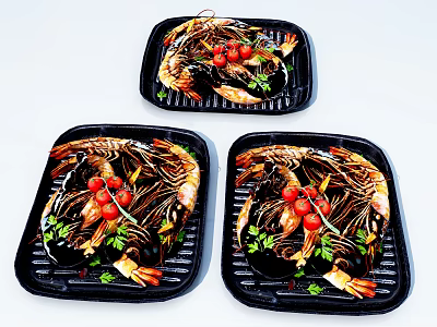 Grilled Shrimp Plates Topped with Cherry Tomatoes and Fresh Parsley Garnish 3d model