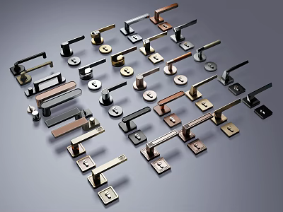 Various Modern Door Handles With Different Metallic Finishes And Styles 3d model
