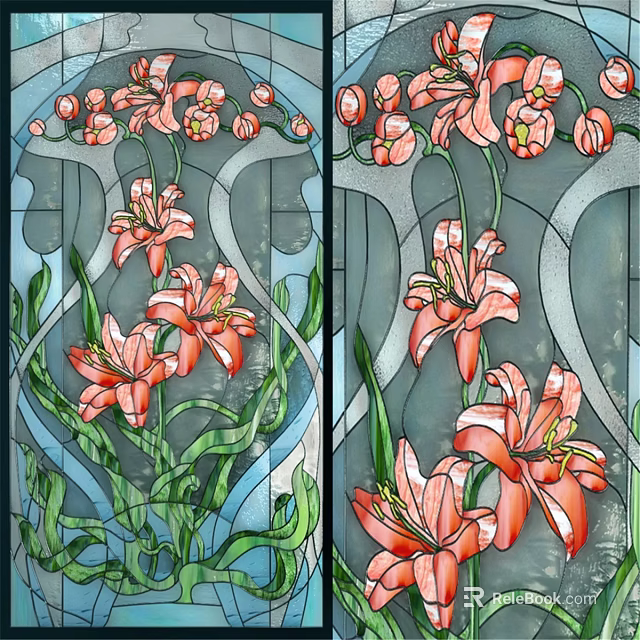 Stained Glass Wall Decor With Pink Lilies Green Leaves And Blue Background 3d model 