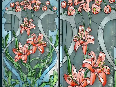 Stained Glass Wall Decor With Pink Lilies Green Leaves And Blue Background 3d model