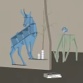 Origami Deer Shaped Blue Green Bookcase With White Cylindrical Decor Plants And Small Blue Statue