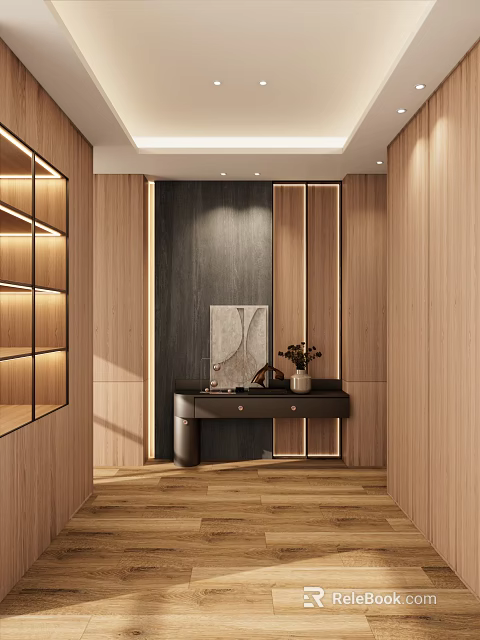 Modern Entryway Hallway with Wooden Walls Storage Cabinets and Decorative Vase Arrangement 3d model 