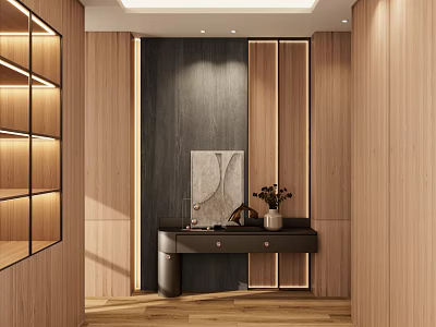 Modern Entryway Hallway with Wooden Walls Storage Cabinets and Decorative Vase Arrangement 3d model