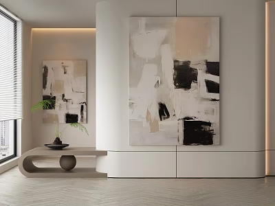 Large Abstract Painting In Minimalist Interior With White Wall And Decorative Plant 3d model