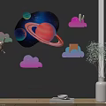 Creative Wall Decorations with Starry Sky Planets Clouds and Animal Shapes on Dark Gray Wall