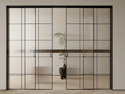 Modern Interior Sliding Doors With Black Frame Glass Panels And Indoor Plant 3d model