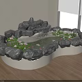 Rock Shaped Fish Tank with Waterfall and Lotus Plants in Bright Room with Wooden Floor