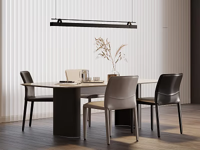 Modern Dining Table and Chairs Set With Leather Seats Wooden Floor and Pendant Light 3d model