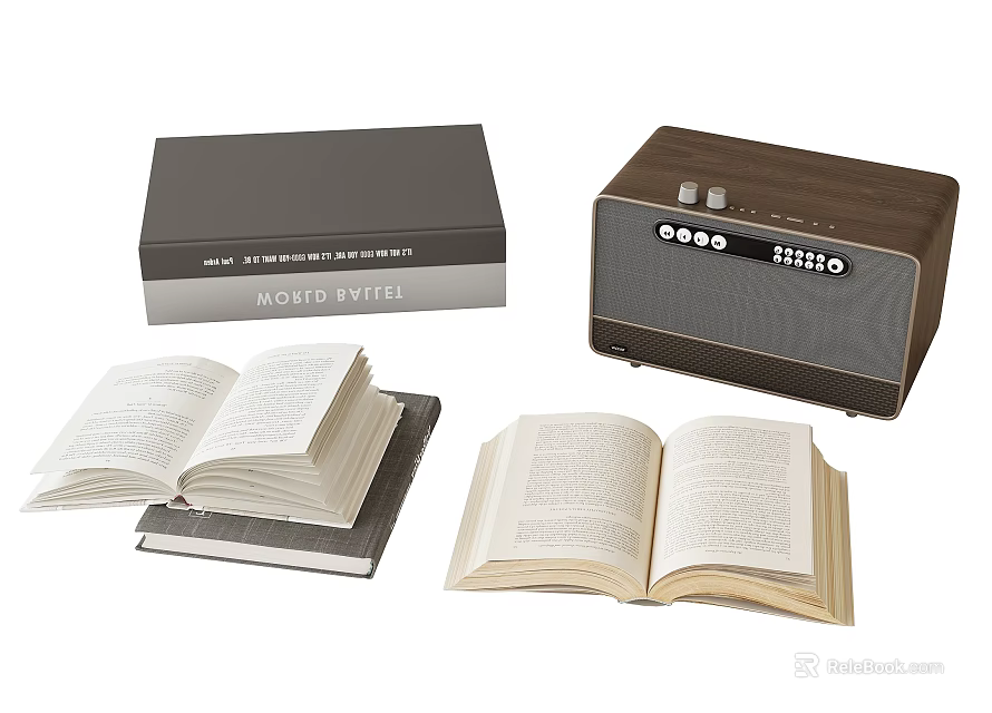 Open Hardcover Books with Modern Library Box and Wooden Radio Accents 3d model 