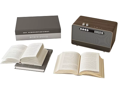 Open Hardcover Books with Modern Library Box and Wooden Radio Accents 3d model