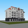 Modern Multi Storey Office Building With Orange Roof Large Windows And Green Lawn Area