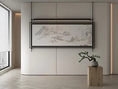 Chinese Landscape Painting In Modern Interior With Bonsai And Window 3d model