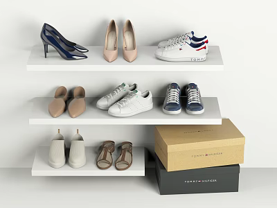Various Styles of Shoes Including Heels Flats Sneakers on White Shelves with Shoe Boxes 3d model