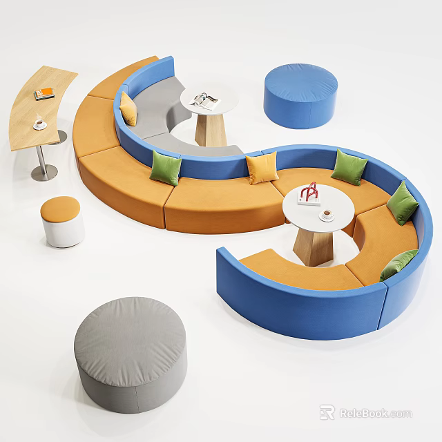 Curved Public Seating With Orange And Blue Design Round Small Tables And Colorful Cushions 3d model 