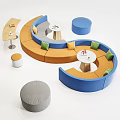 Curved Public Seating With Orange And Blue Design Round Small Tables And Colorful Cushions