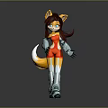 Animated Game Movie Character With Fox Ears Tail Long Brown Hair Blue Eyes Red Outfit