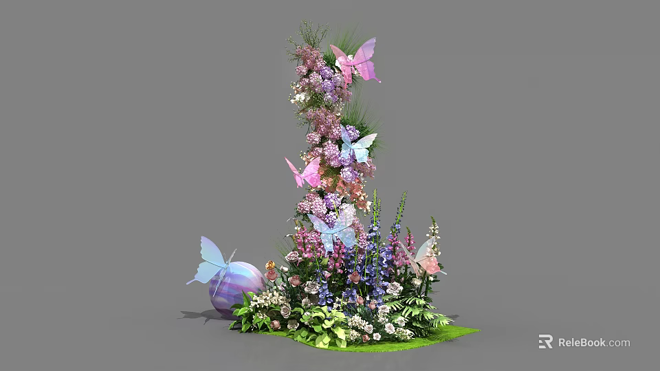 Elegant Floral Installation With Colorful Flowers Butterflies Green Foliage And Purple Decorative Sphere 3d model 