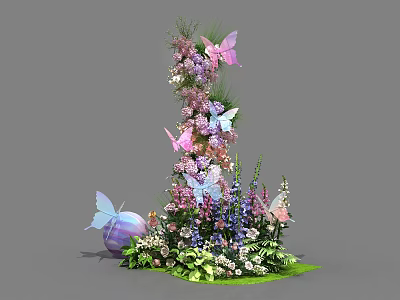Elegant Floral Installation With Colorful Flowers Butterflies Green Foliage And Purple Decorative Sphere 3d model