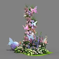 Elegant Floral Installation With Colorful Flowers Butterflies Green Foliage And Purple Decorative Sphere
