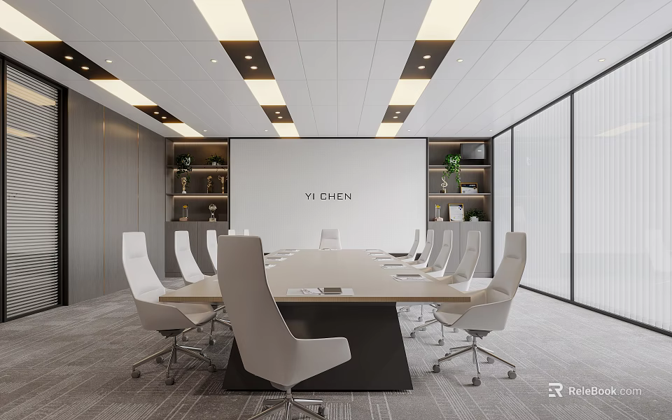 Modern Conference Room Interior With Long Table White Chairs Bookshelves Green Plants And Whiteboard 3d model 