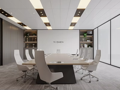 Modern Conference Room Interior With Long Table White Chairs Bookshelves Green Plants And Whiteboard 3d model