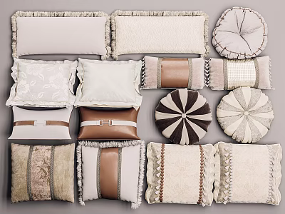Decorative Throw Pillows in Neutral Tones with Various Shapes Textured Fabrics and Fringed Accents 3d model