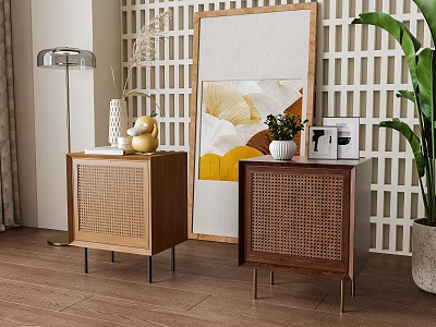Elegant Wooden Bedside Tables With Woven Texture Golden Duck Decor White Vase And Potted Plant 3d model
