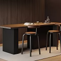 Contemporary Bar Counter With Wooden Top Black Base And Leather Bar Stools On Light Floor