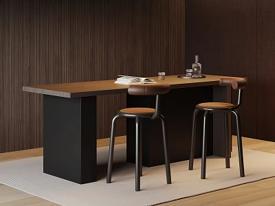 Contemporary Bar Counter With Wooden Top Black Base And Leather Bar Stools On Light Floor 3d model