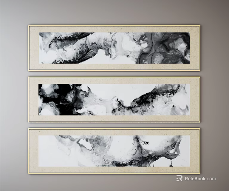 Three Black And White Ink Abstract Paintings With Gold Framed Wall Art 3d model 
