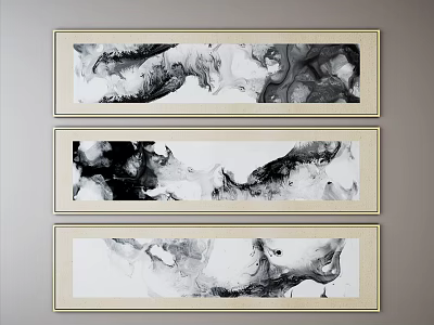 Three Black And White Ink Abstract Paintings With Gold Framed Wall Art 3d model