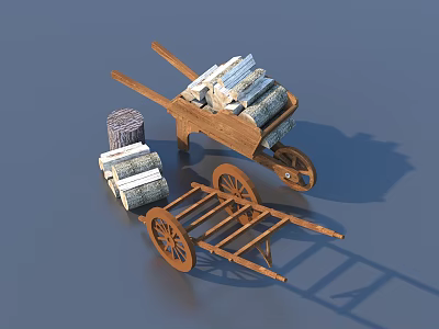 Practical Wooden Wheelbarrow Loaded With Stacked Items And Empty Cart Frame For Household Use 3d model