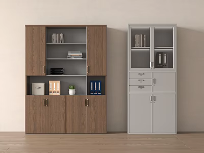 Brown and Gray Bookcases with Cabinets Drawers Open Shelves Books and Folders 3d model