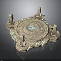 Ancient Circular Stone Platform With Surrounding Stone Pillars And Glowing Blue Runes
