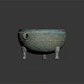 Ancient Bronze Three Legged Vessel With Green Patina And Dual Handles