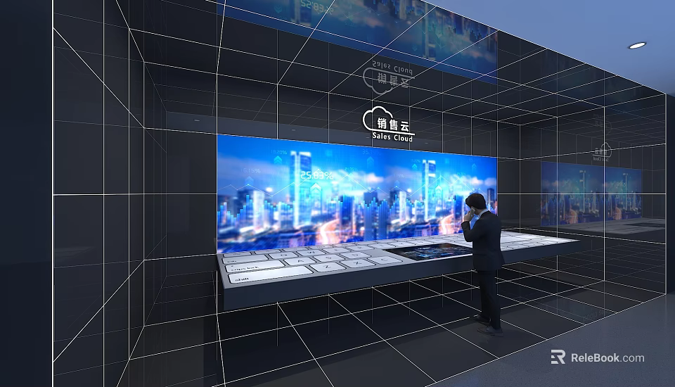 LIGHTCLOUD Interactive Display Platform With Large Screen Cityscape Visuals And Man Operating 3d model 