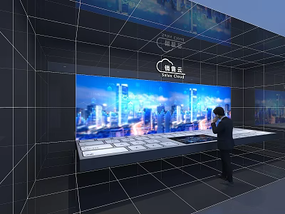 LIGHTCLOUD Interactive Display Platform With Large Screen Cityscape Visuals And Man Operating 3d model