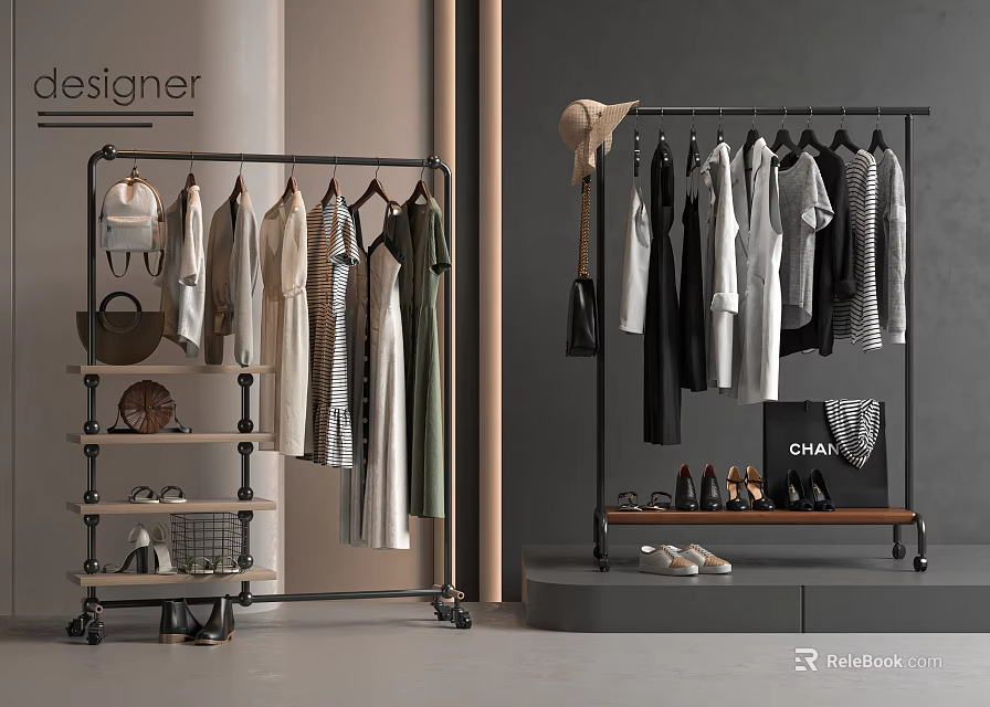 Modern Clothes Hanger with Dresses Shirts Shoes Handbags and Storage Design 3d model 