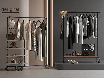 Modern Clothes Hanger with Dresses Shirts Shoes Handbags and Storage Design 3d model