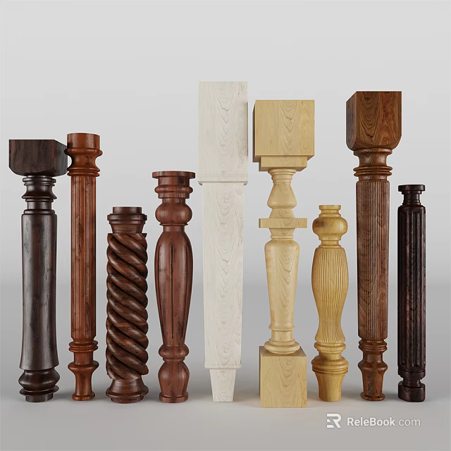 Wooden Railing Posts With Twisted Square And Cylindrical Designs In Various Colors 3d model 