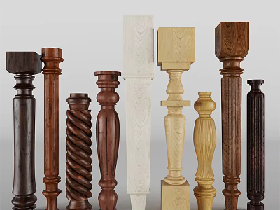 Wooden Railing Posts With Twisted Square And Cylindrical Designs In Various Colors 3d model