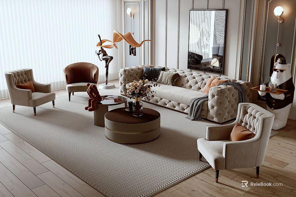 Elegant Tufted Sofa and Coffee Table Set With Accent Chairs Textured Rug and Floral Decor 3d model 