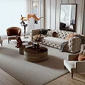 Elegant Tufted Sofa and Coffee Table Set With Accent Chairs Textured Rug and Floral Decor